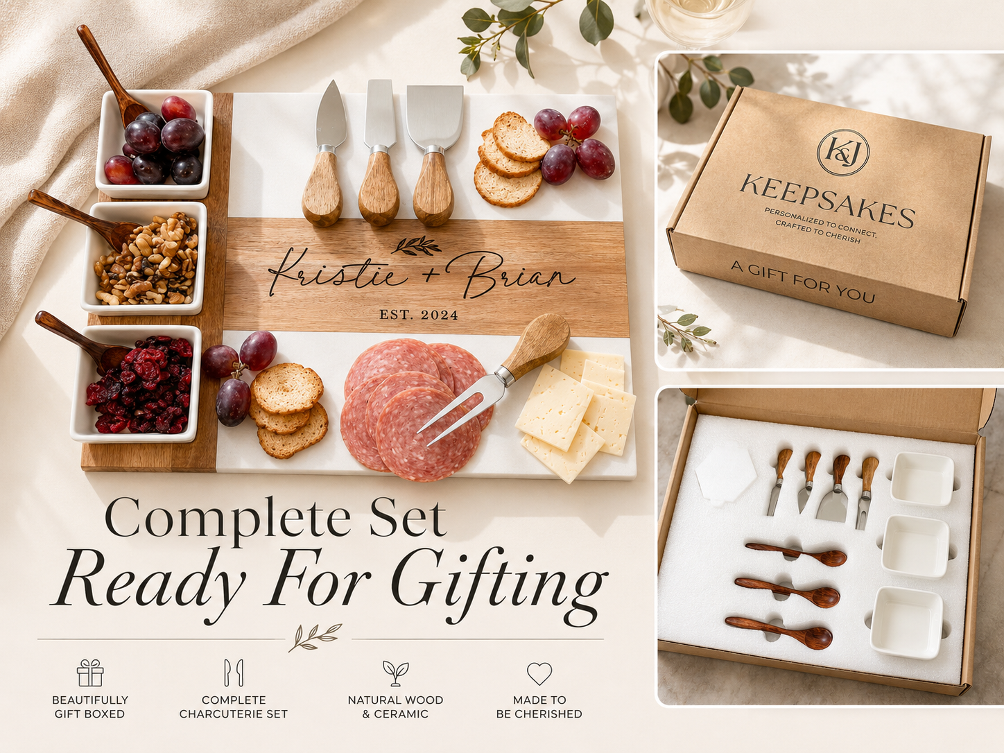 Charcuterie board set with personalized cutting board, wooden utensils, ceramic bowls ready for gifting in a beautiful gift box.